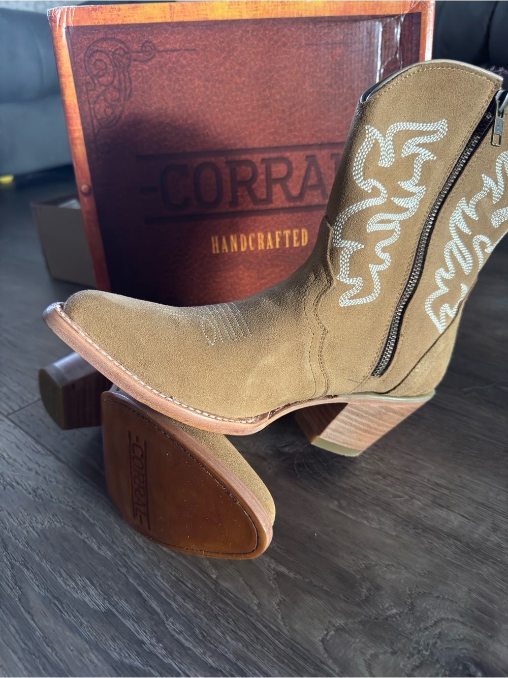 Corral Tan Suede Western Ankle Boots with White Embroidery